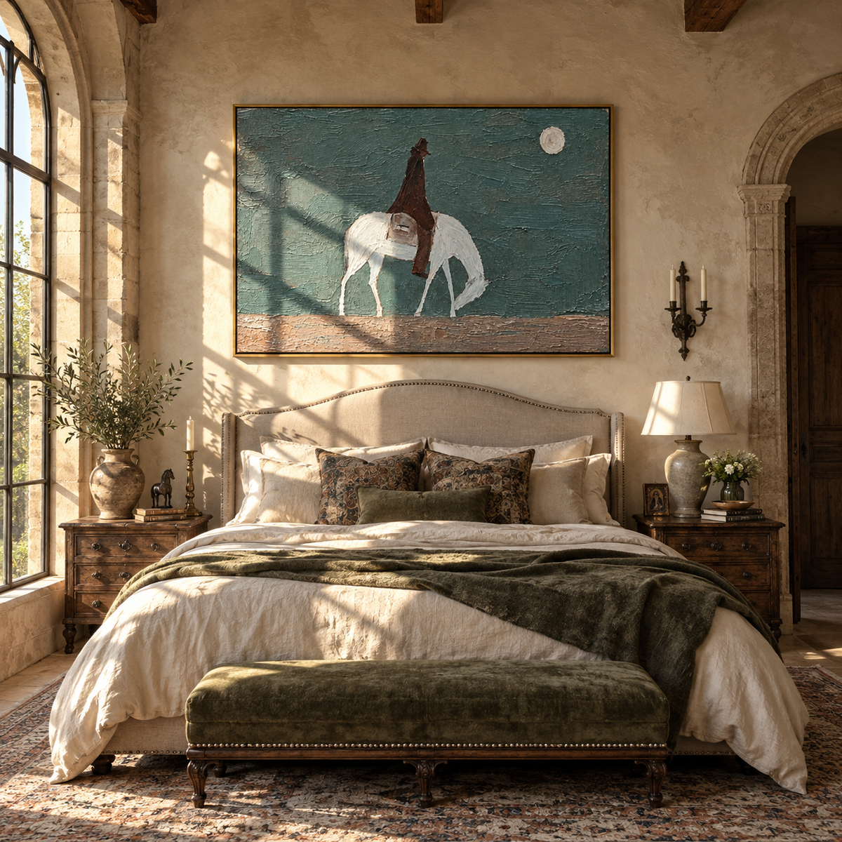 White Horse Crosses Teal - grazing white horse painting by Laura Chen, modern Western horizontal wall art - displayed above a living room sofa