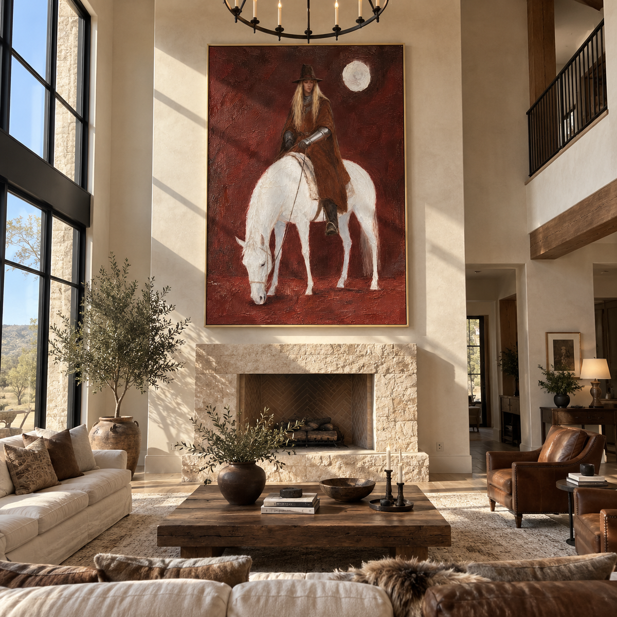 Moon Watches Quiet Rider - woman riding white horse painting by Laura Chen, modern Western vertical wall art - displayed in a tall entryway