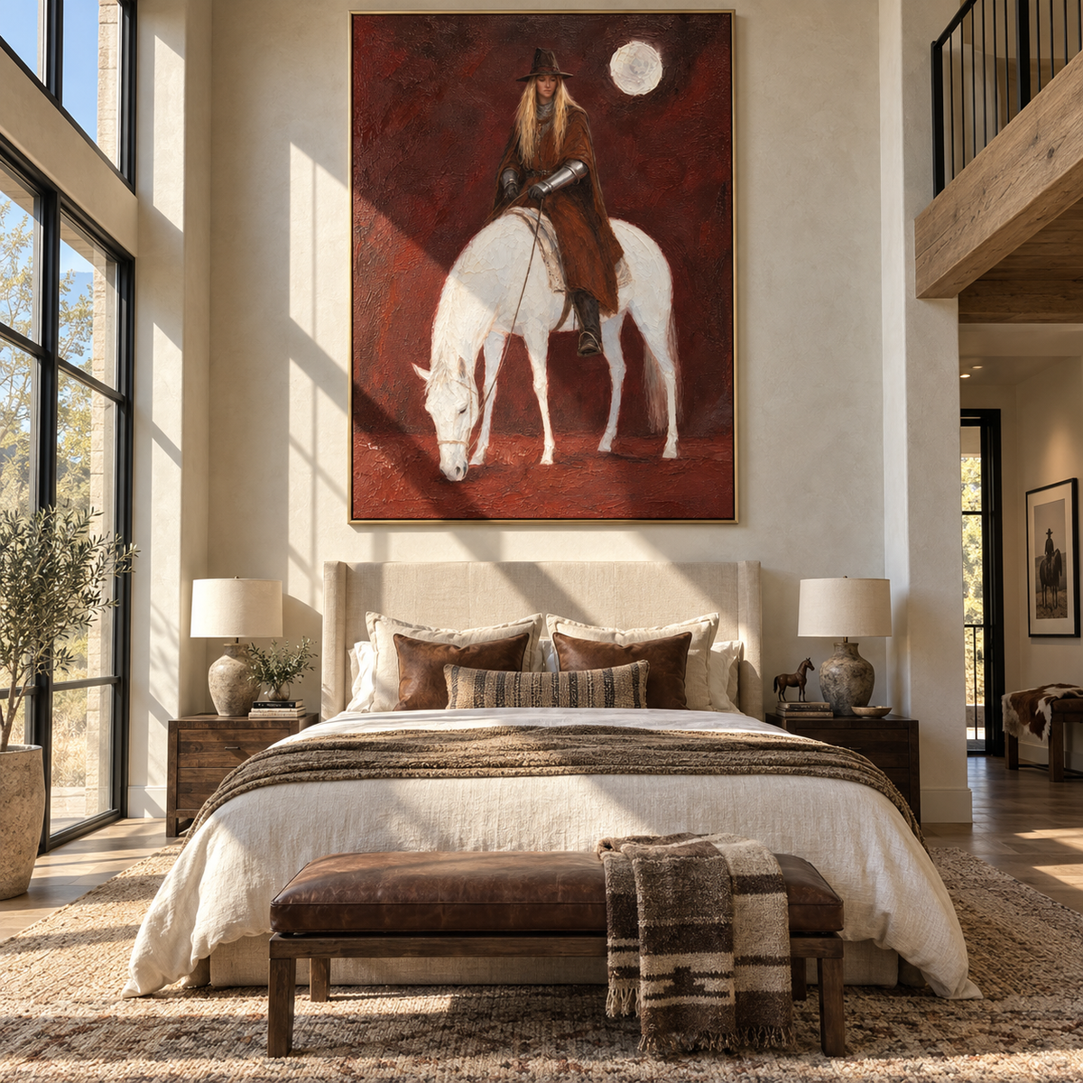 Moon Watches Quiet Rider - woman riding white horse painting by Laura Chen, modern Western vertical wall art - displayed beside a reading chair