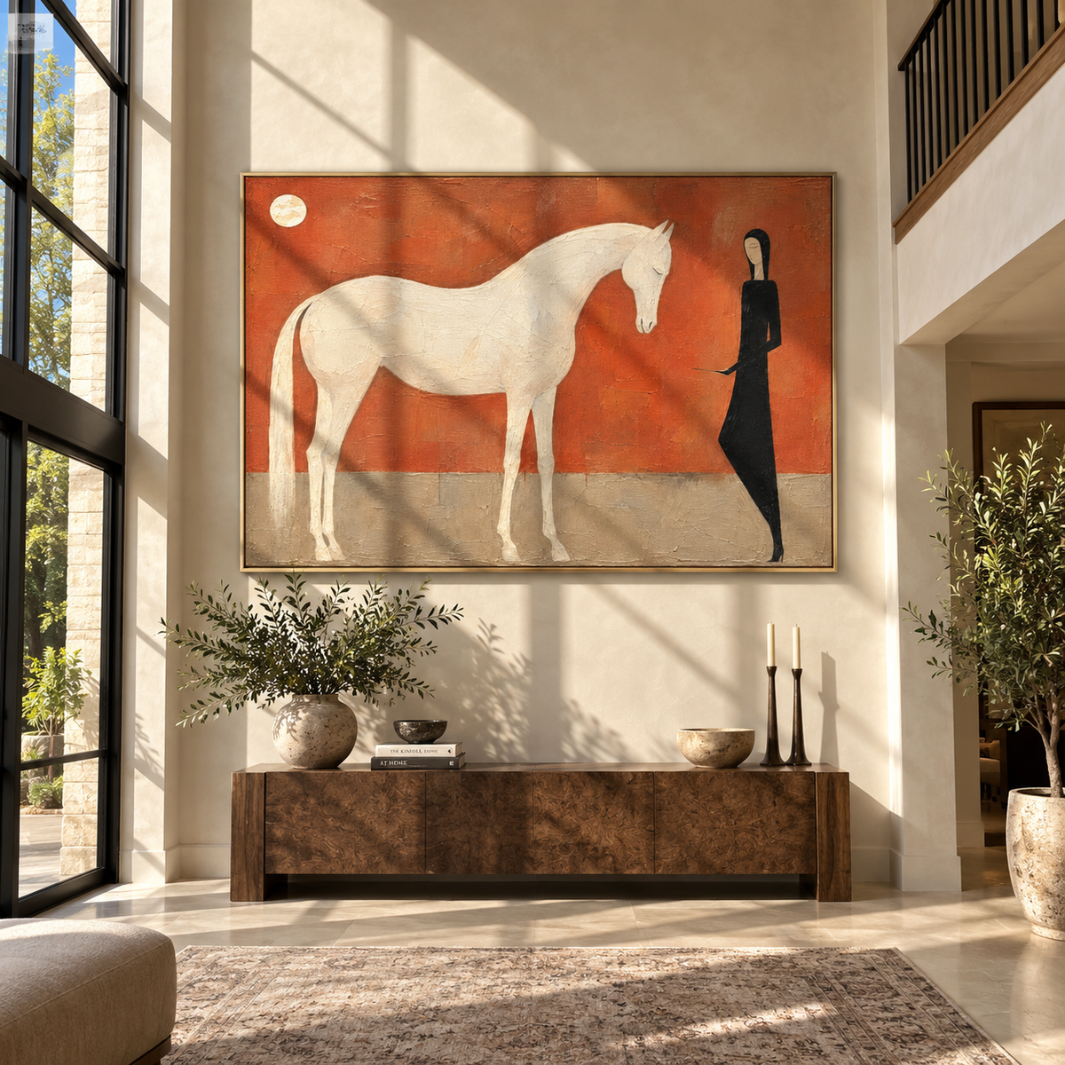 White Horse Meets Shadow - woman and white horse painting by Laura Chen, modern Western horizontal wall art - displayed over a home office credenza
