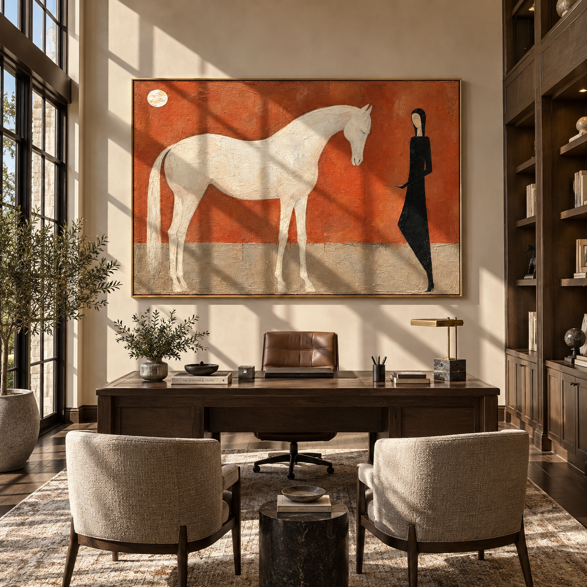 White Horse Meets Shadow - woman and white horse painting by Laura Chen, modern Western horizontal wall art - displayed above a long oak cabinet
