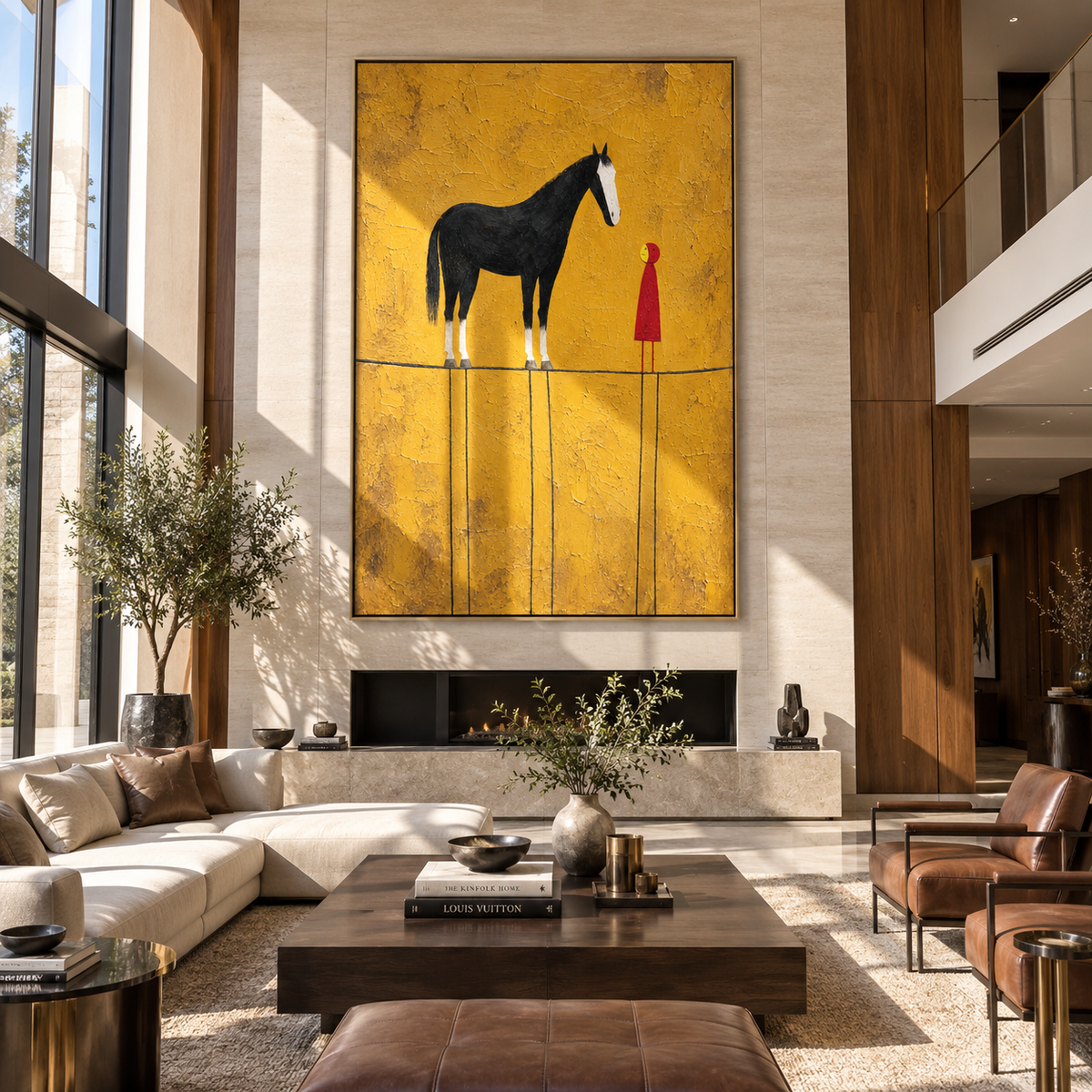 Black Horse Meets Crimson - woman beside black horse painting by Laura Chen, modern Western vertical wall art - displayed in a tall entryway