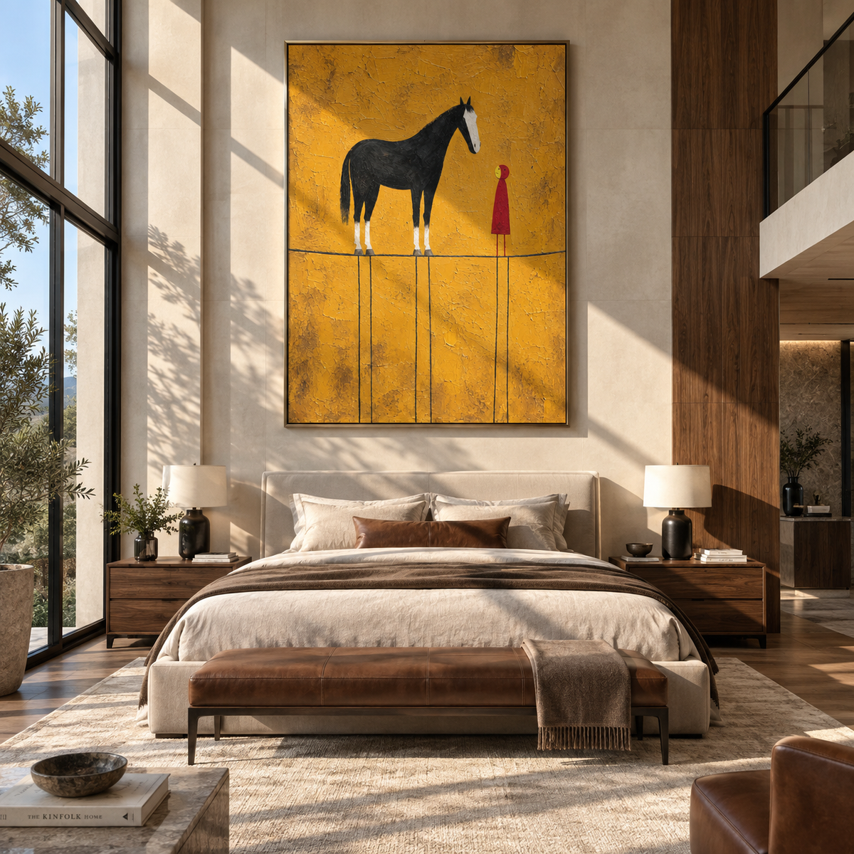 Black Horse Meets Crimson - woman beside black horse painting by Laura Chen, modern Western vertical wall art - displayed beside a reading chair