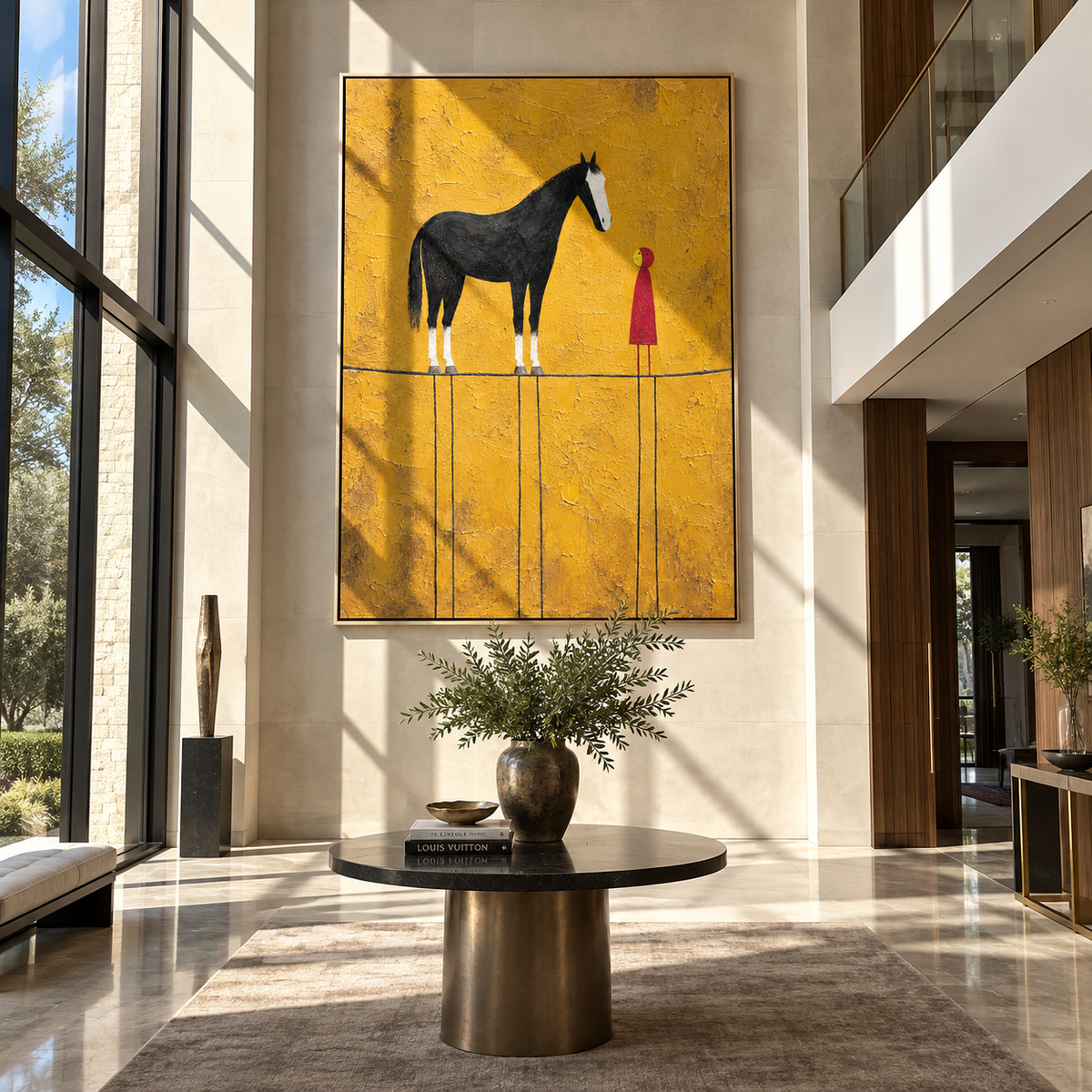 Black Horse Meets Crimson - woman beside black horse painting by Laura Chen, modern Western vertical wall art - displayed above a narrow living room console
