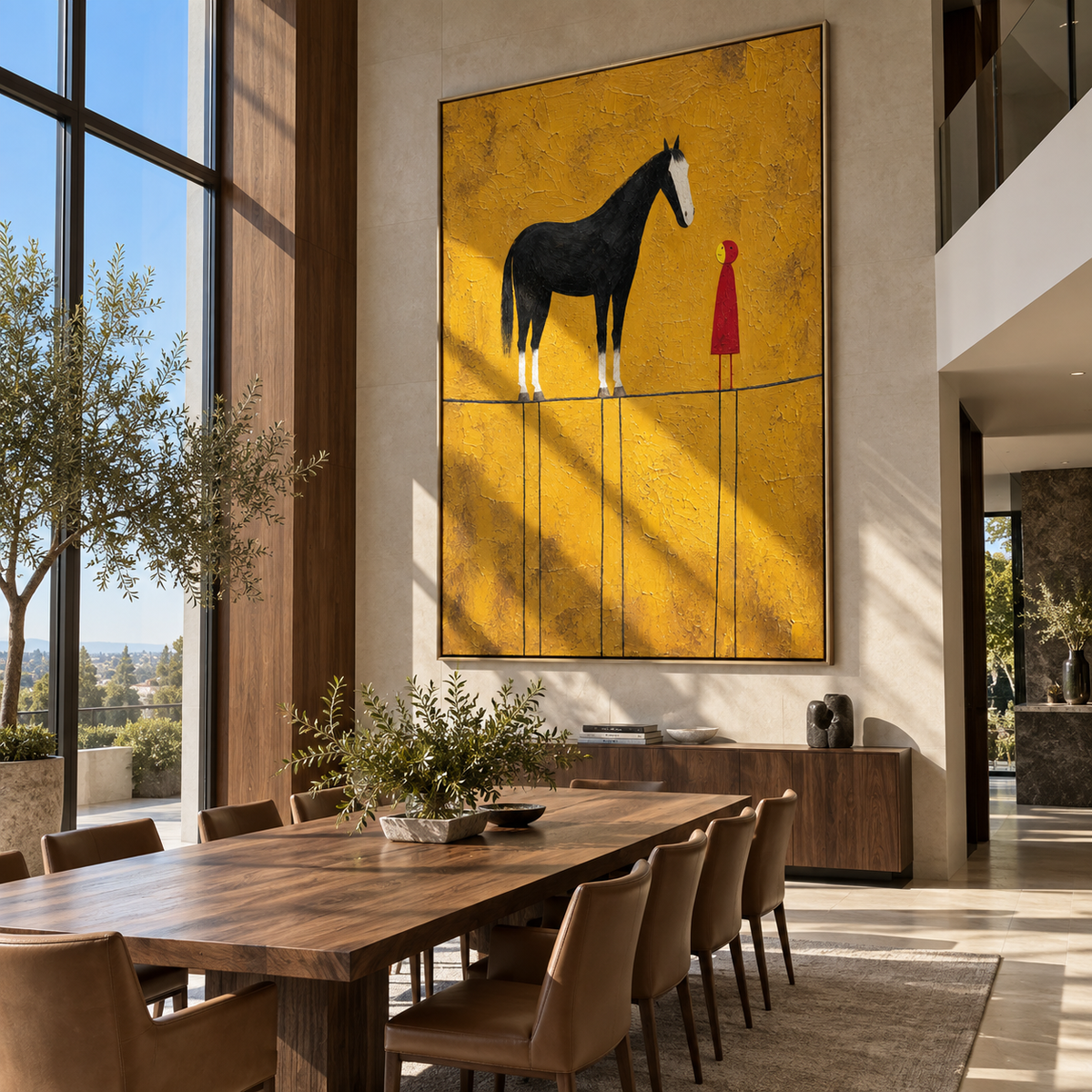 Black Horse Meets Crimson - woman beside black horse painting by Laura Chen, modern Western vertical wall art - displayed next to a dark wood cabinet