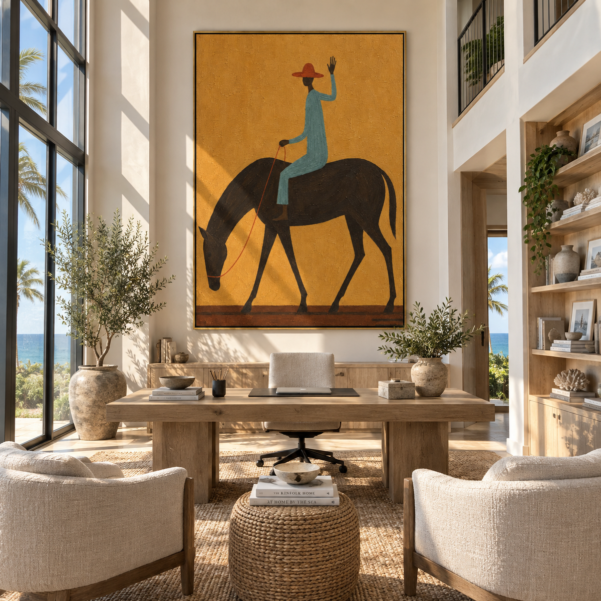 Blue Rider Raises Hand - cowboy on black horse painting by Laura Chen, modern Western vertical wall art - displayed in a tall entryway
