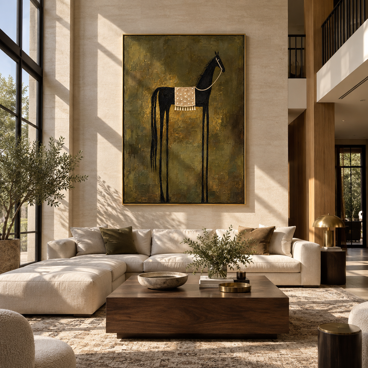 Black Horse Holds Silence - saddled black horse painting by Laura Chen, modern Western vertical wall art - displayed above a narrow living room console