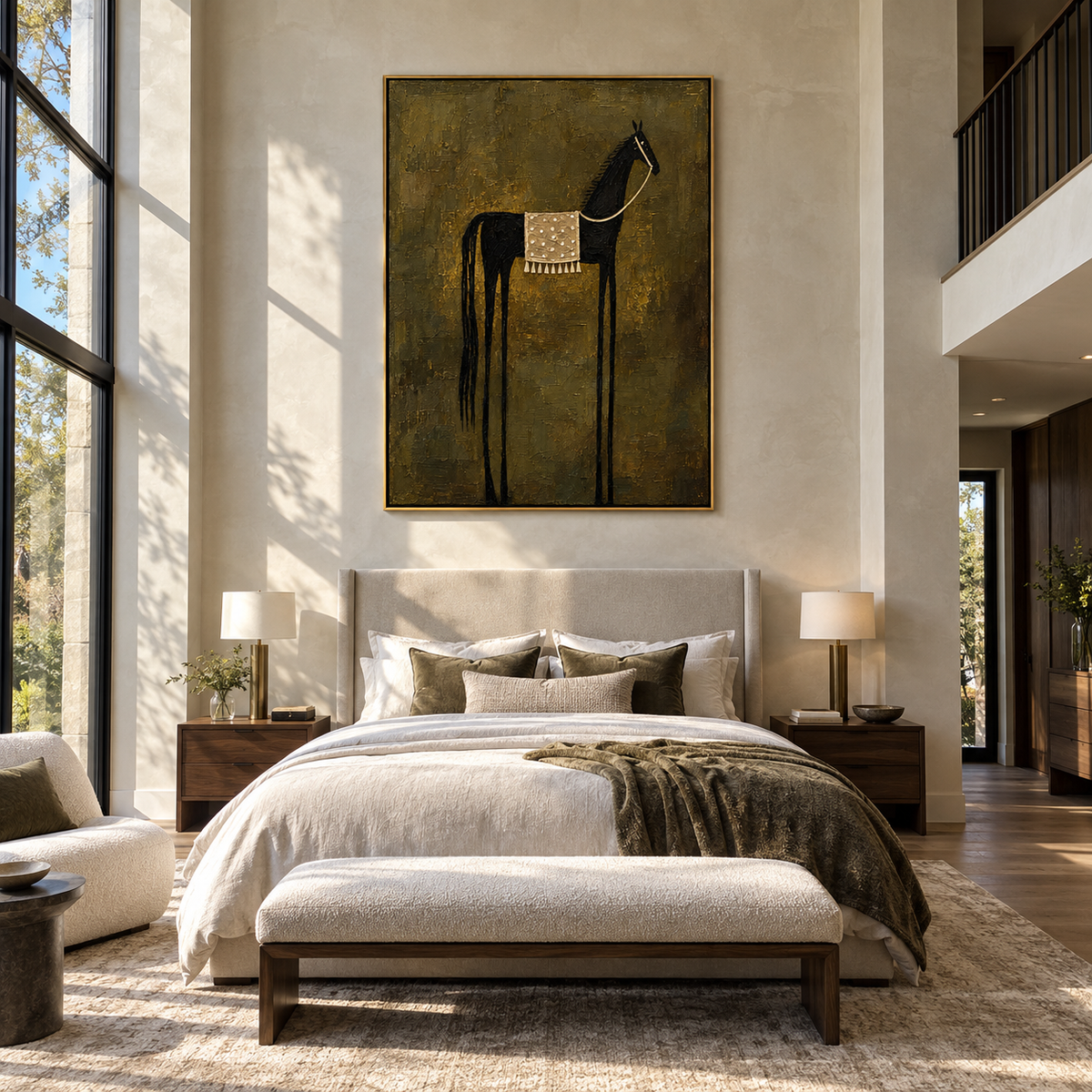 Black Horse Holds Silence - saddled black horse painting by Laura Chen, modern Western vertical wall art - displayed along a hotel corridor