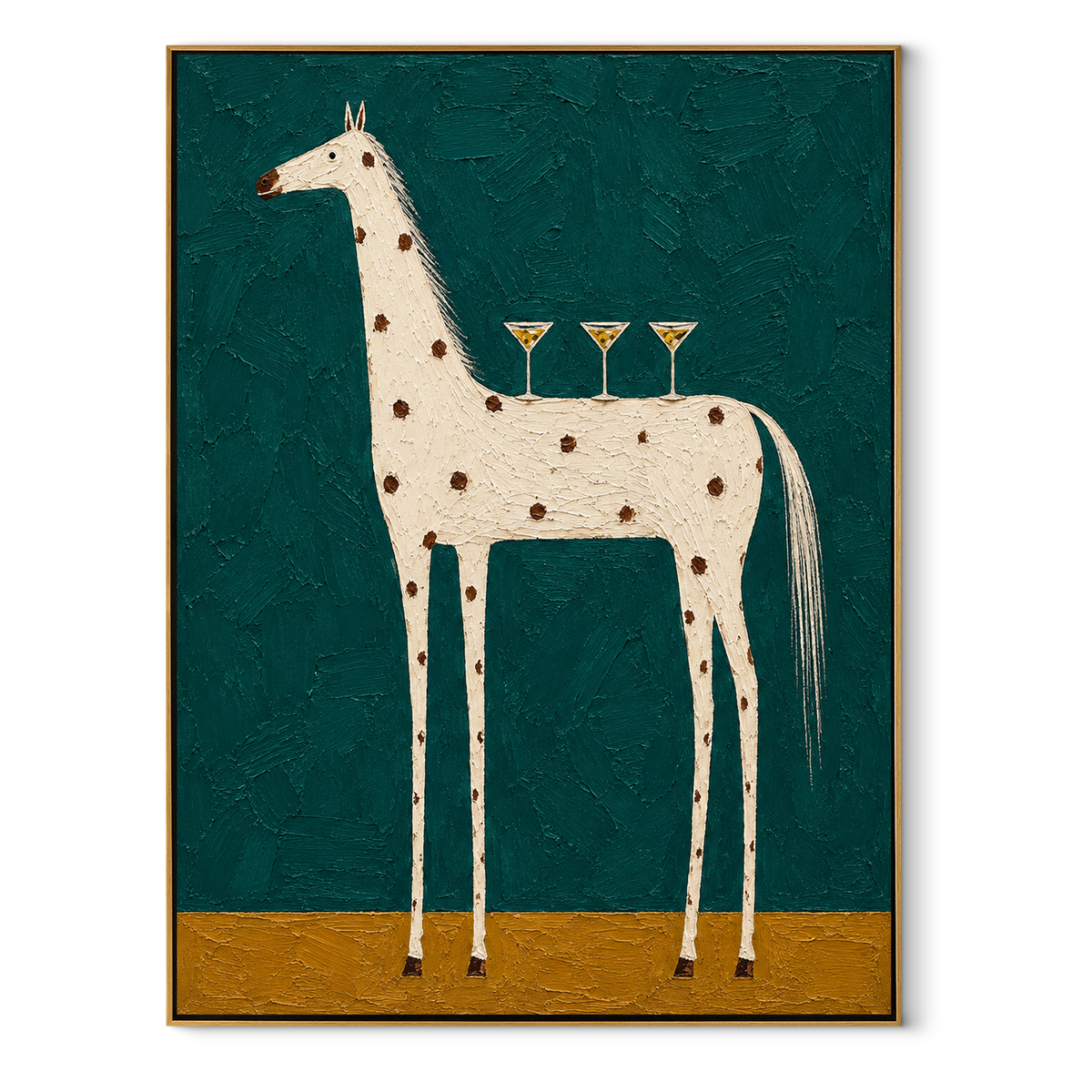 White Horse Carries Toasts - white horse with glasses painting by Laura Chen, modern Western vertical wall art - wood frame on white background