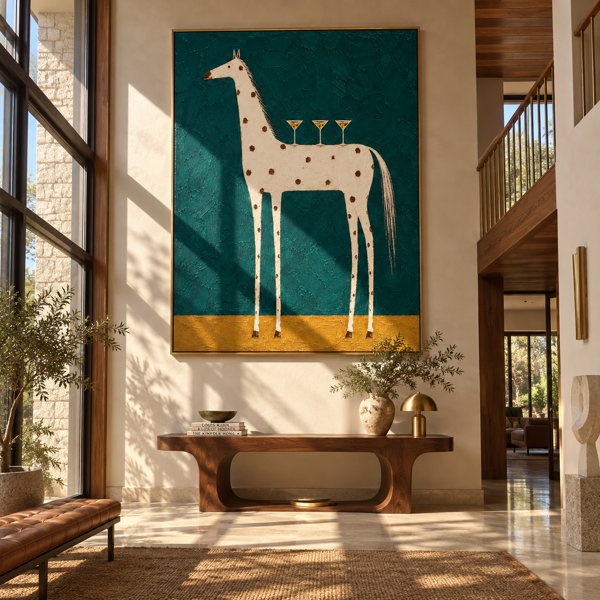 White Horse Carries Toasts - white horse with glasses painting by Laura Chen, modern Western vertical wall art - displayed above a narrow living room console
