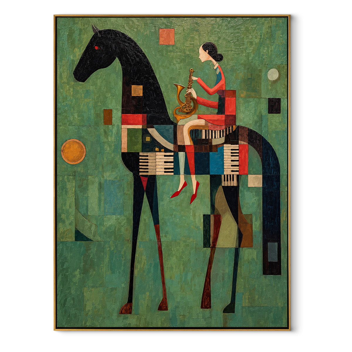 Red Woman Rides Geometry - woman on black horse painting by Laura Chen, modern Western vertical wall art - wood frame on white background
