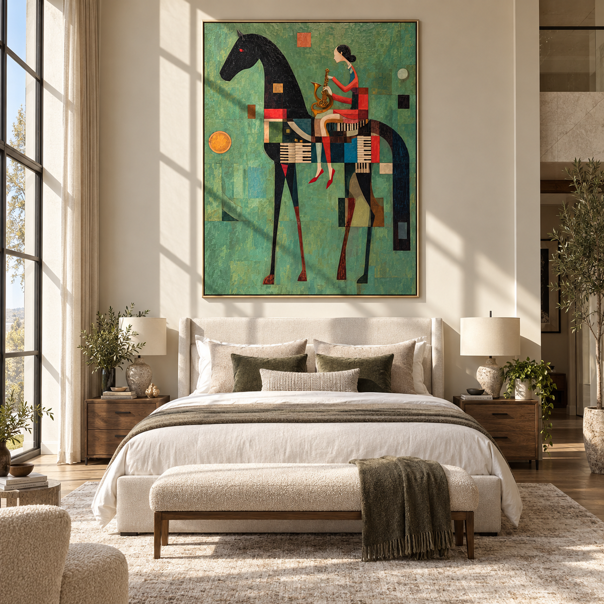 Red Woman Rides Geometry - woman on black horse painting by Laura Chen, modern Western vertical wall art - displayed along a hotel corridor