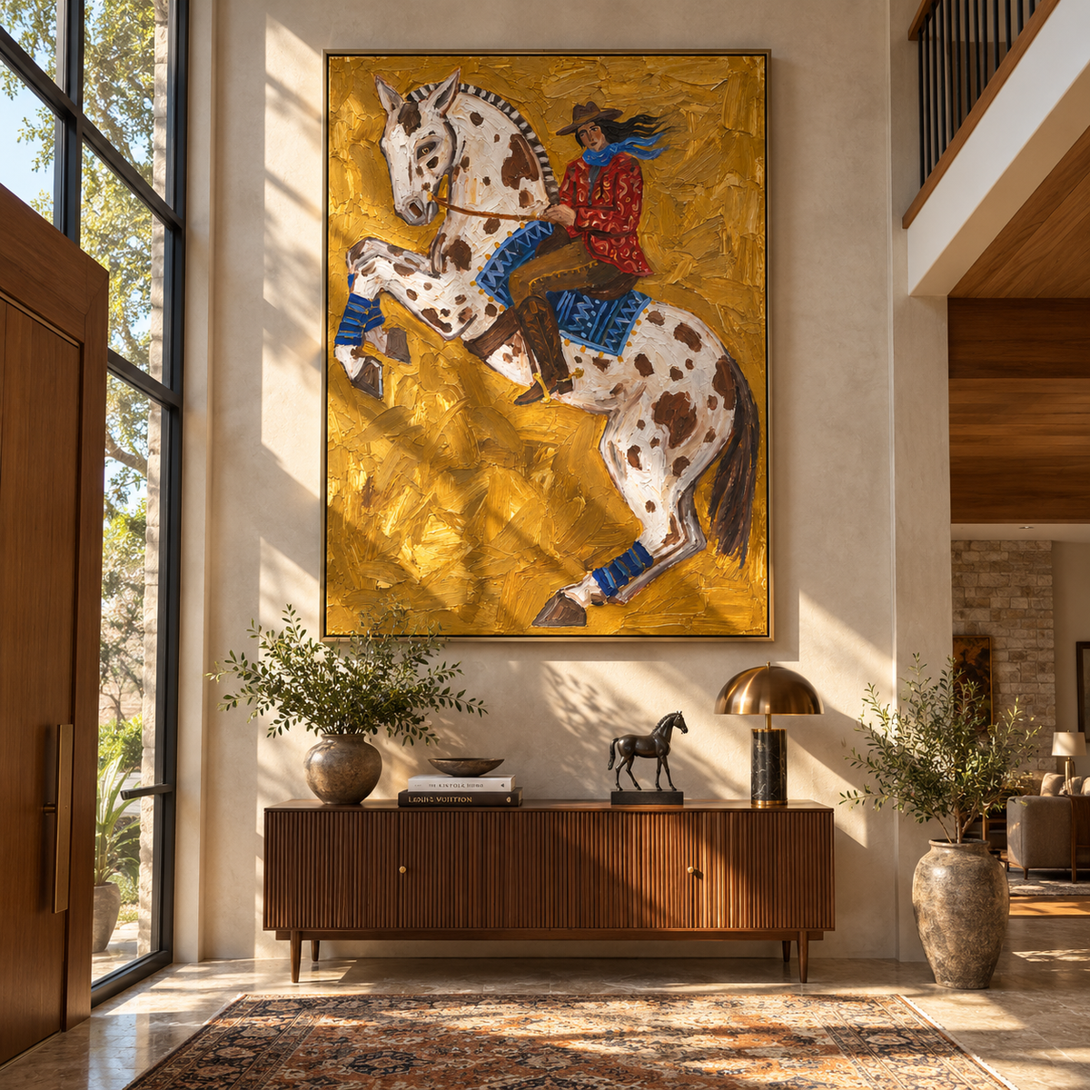 Spotted Horse Rises Gold - rearing spotted horse rider painting by Laura Chen, modern Western vertical wall art - displayed in a tall entryway