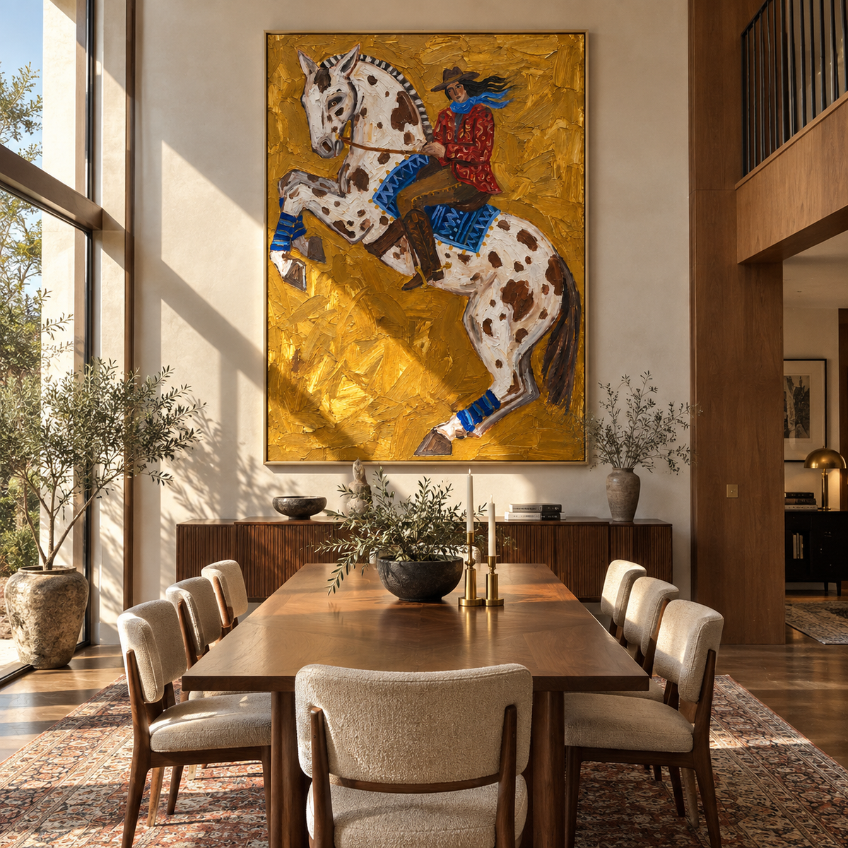 Spotted Horse Rises Gold - rearing spotted horse rider painting by Laura Chen, modern Western vertical wall art - displayed beside a reading chair