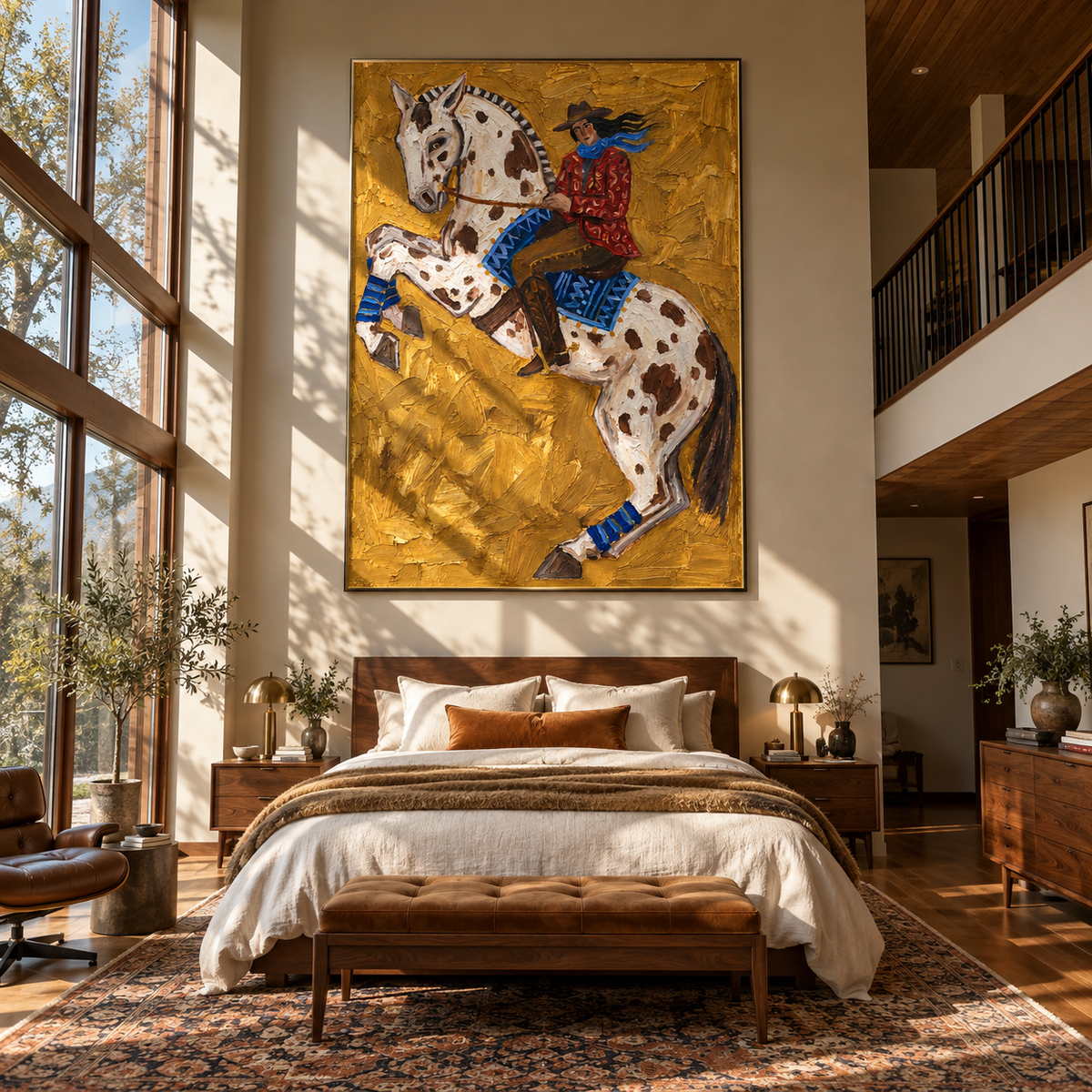 Spotted Horse Rises Gold - rearing spotted horse rider painting by Laura Chen, modern Western vertical wall art - displayed next to a dark wood cabinet
