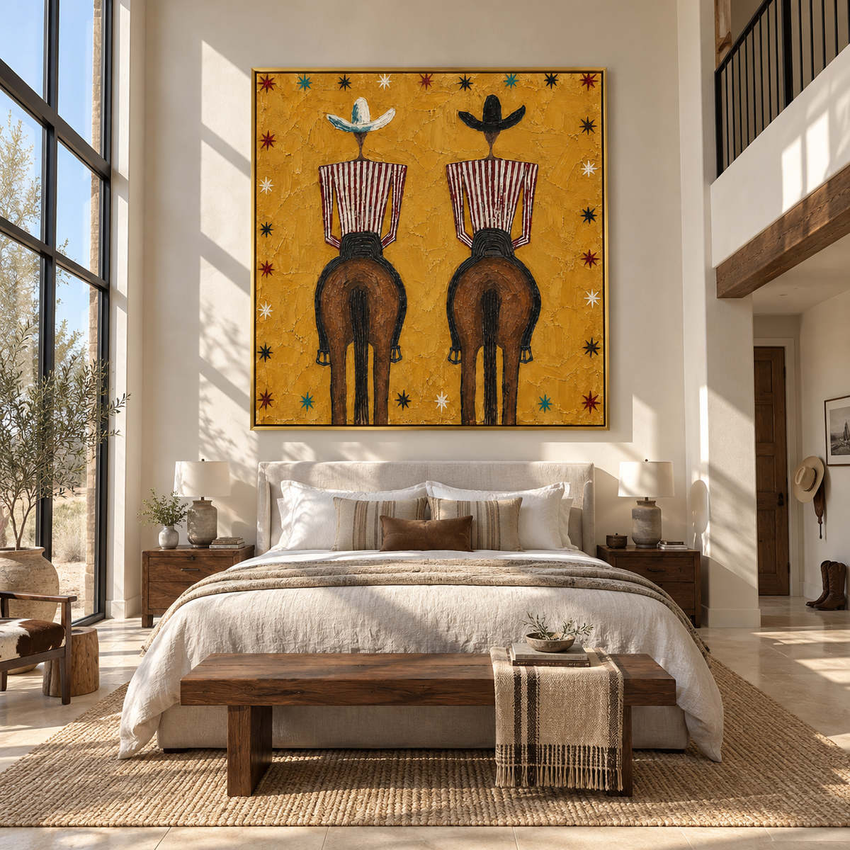 Twin Riders Face Distance - two horse riders painting by Laura Chen, modern Western square wall art - displayed above a living room console