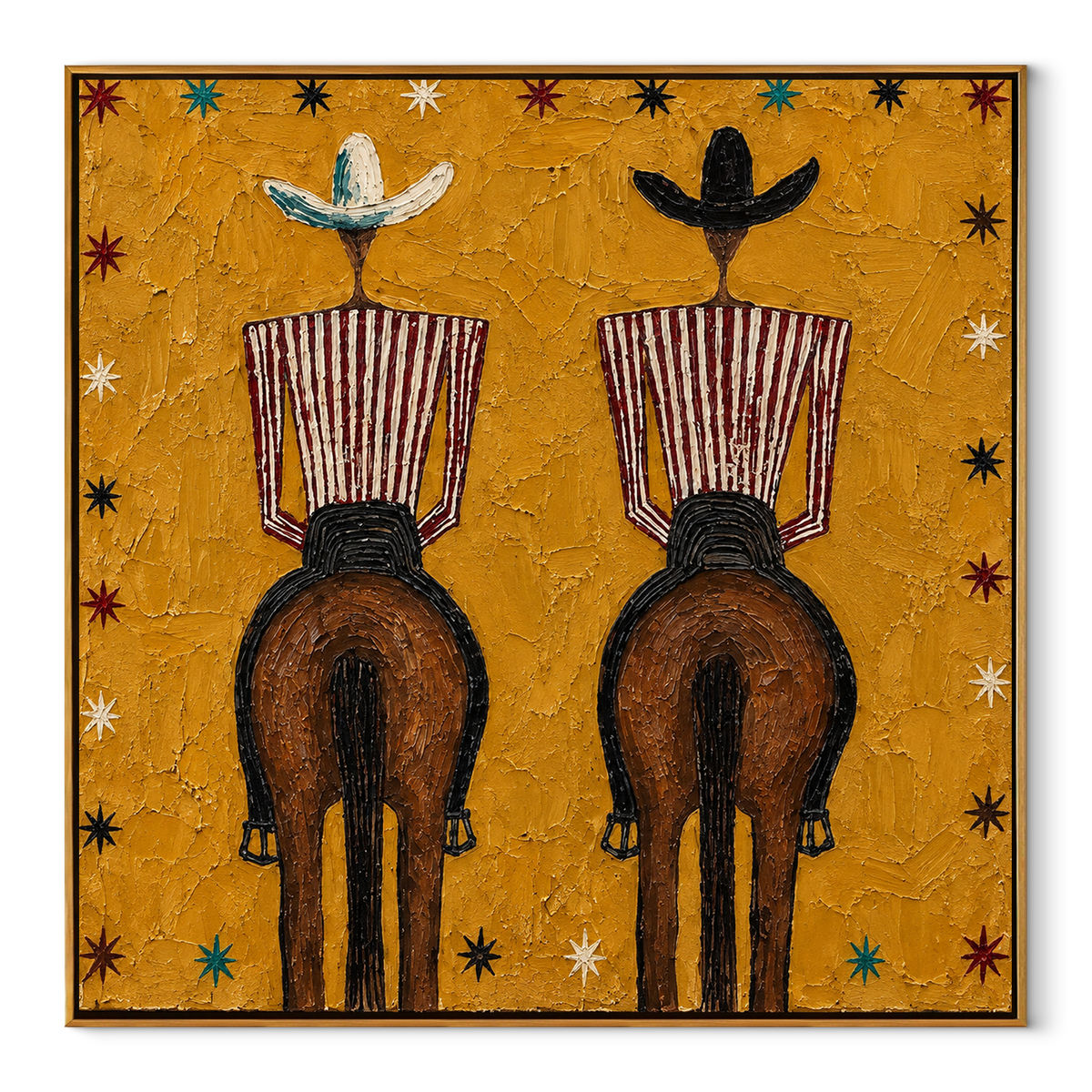 Twin Riders Face Distance - two horse riders painting by Laura Chen, modern Western square wall art - wood frame on white background