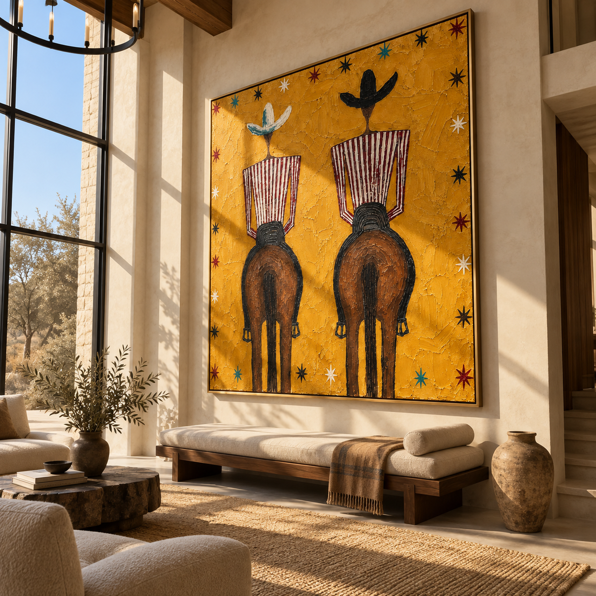 Twin Riders Face Distance - two horse riders painting by Laura Chen, modern Western square wall art - displayed in a collected modern lounge