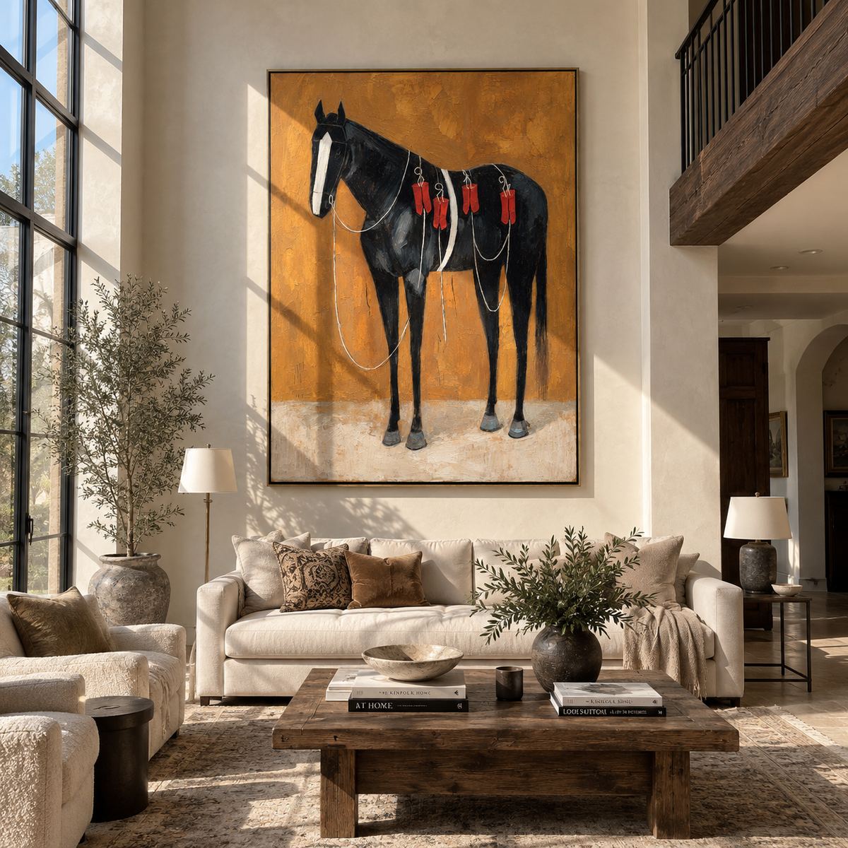 Black Horse Wears Scarlet - decorated black horse painting by Laura Chen, modern Western vertical wall art - displayed in a tall entryway