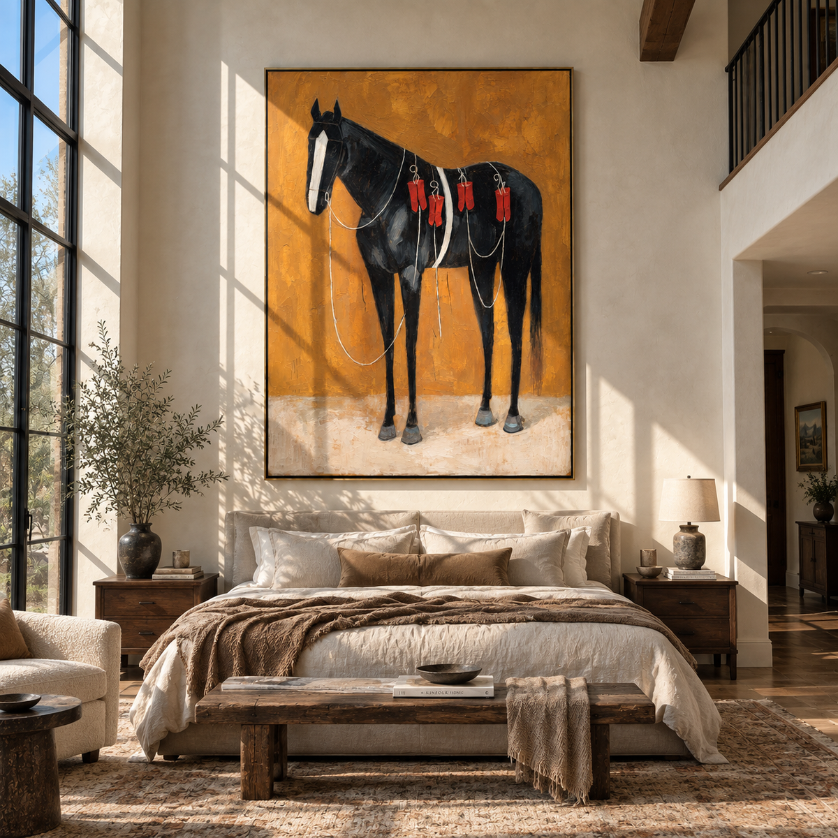 Black Horse Wears Scarlet - decorated black horse painting by Laura Chen, modern Western vertical wall art - displayed beside a reading chair