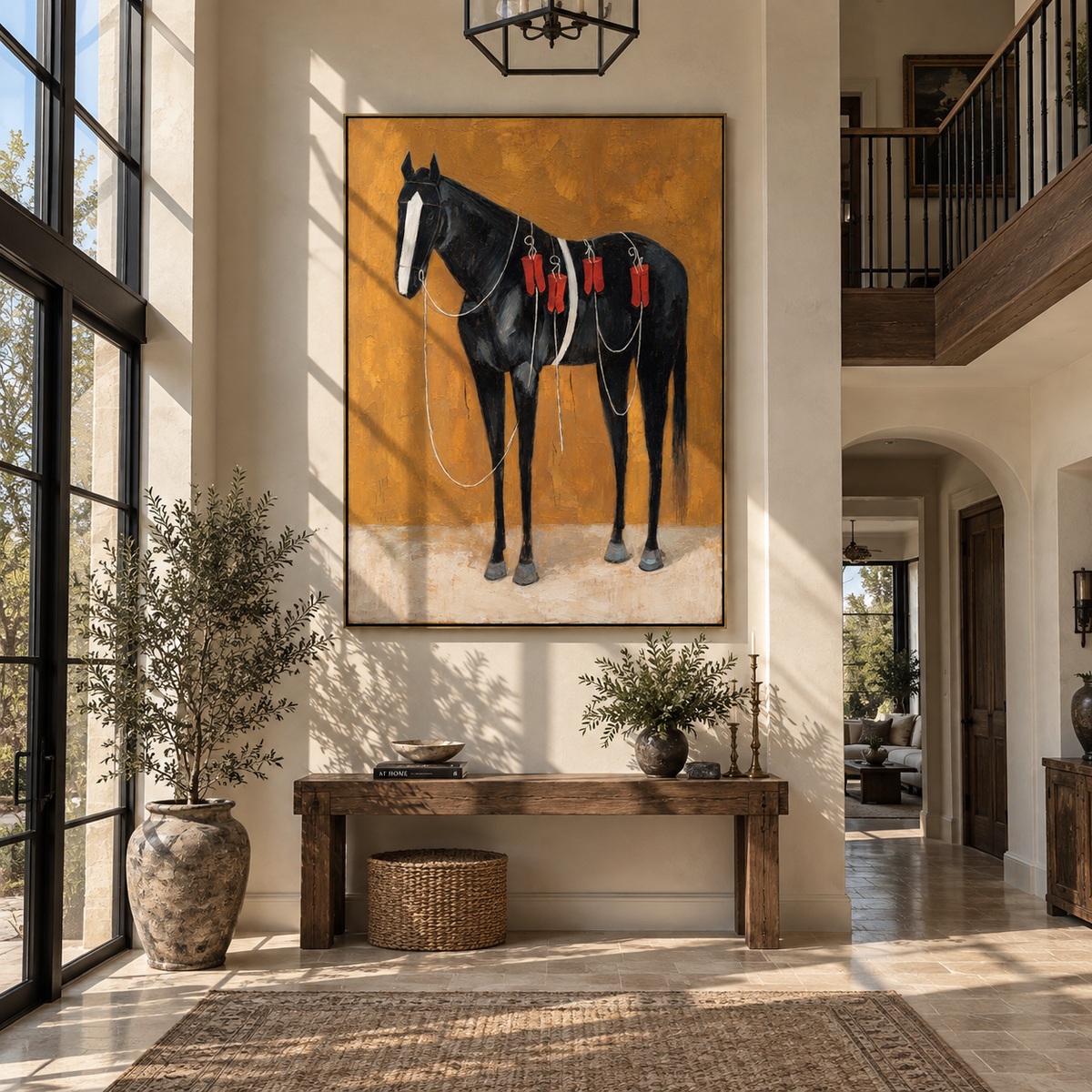 Black Horse Wears Scarlet - decorated black horse painting by Laura Chen, modern Western vertical wall art - displayed next to a dark wood cabinet