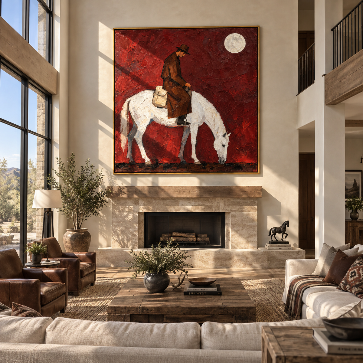 Moon Holds Returning Rider - cowboy on white horse painting by Laura Chen, modern Western vertical wall art - displayed in a tall entryway