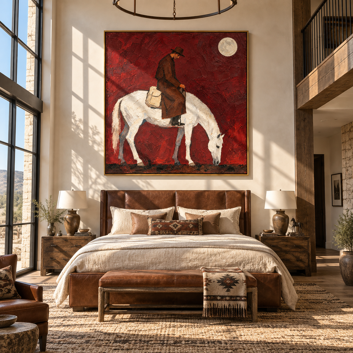Moon Holds Returning Rider - cowboy on white horse painting by Laura Chen, modern Western vertical wall art - displayed beside a reading chair