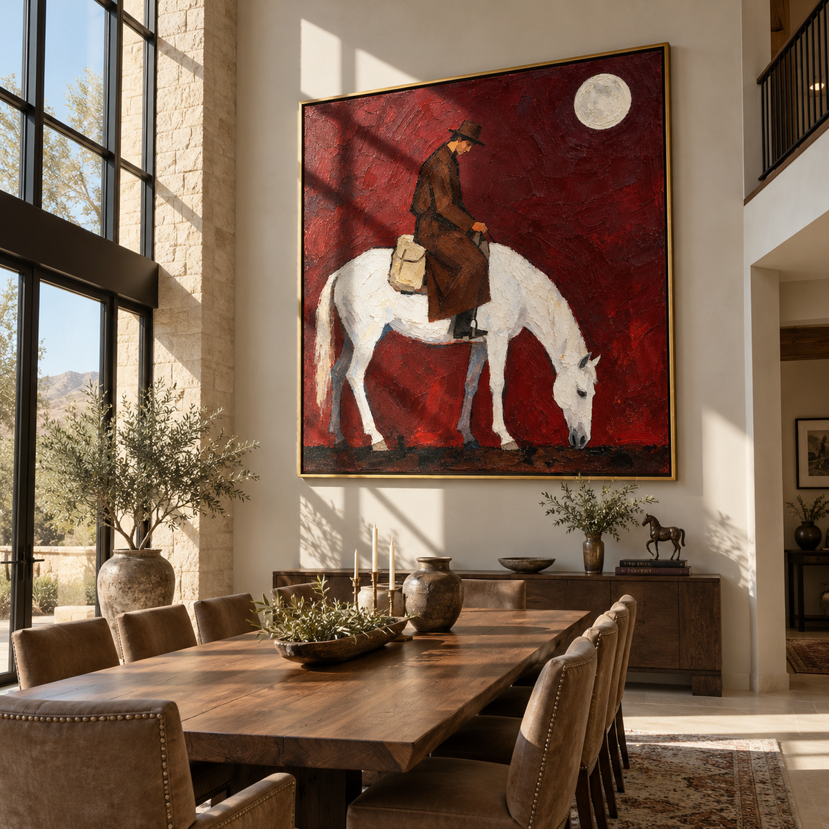 Moon Holds Returning Rider - cowboy on white horse painting by Laura Chen, modern Western vertical wall art - displayed next to a dark wood cabinet