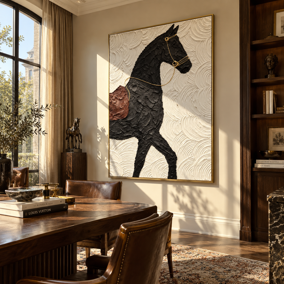 Midnight Saddle on Ivory - black saddled horse painting displayed in a styled interior