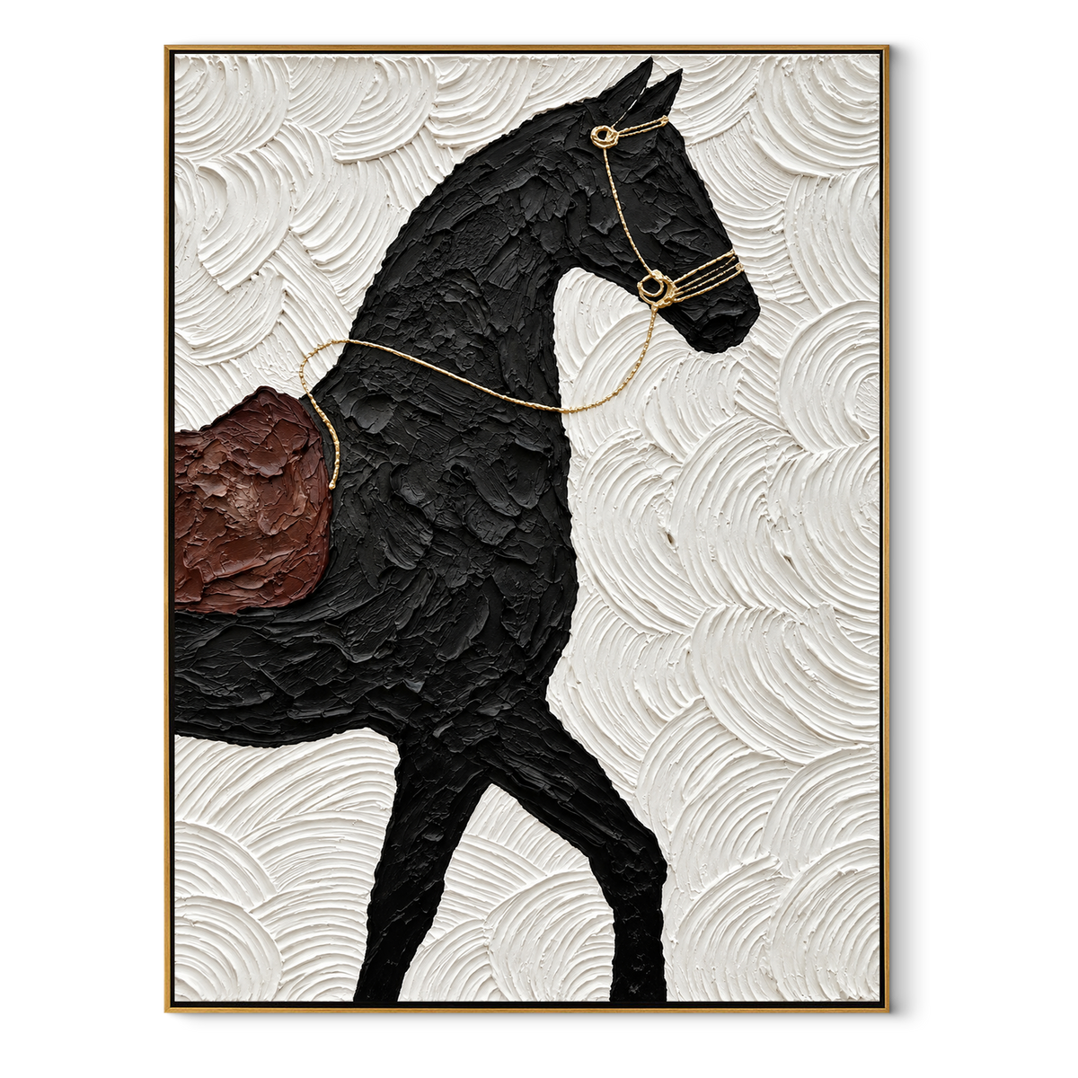 Midnight Saddle on Ivory - black saddled horse painting in a wood frame on white