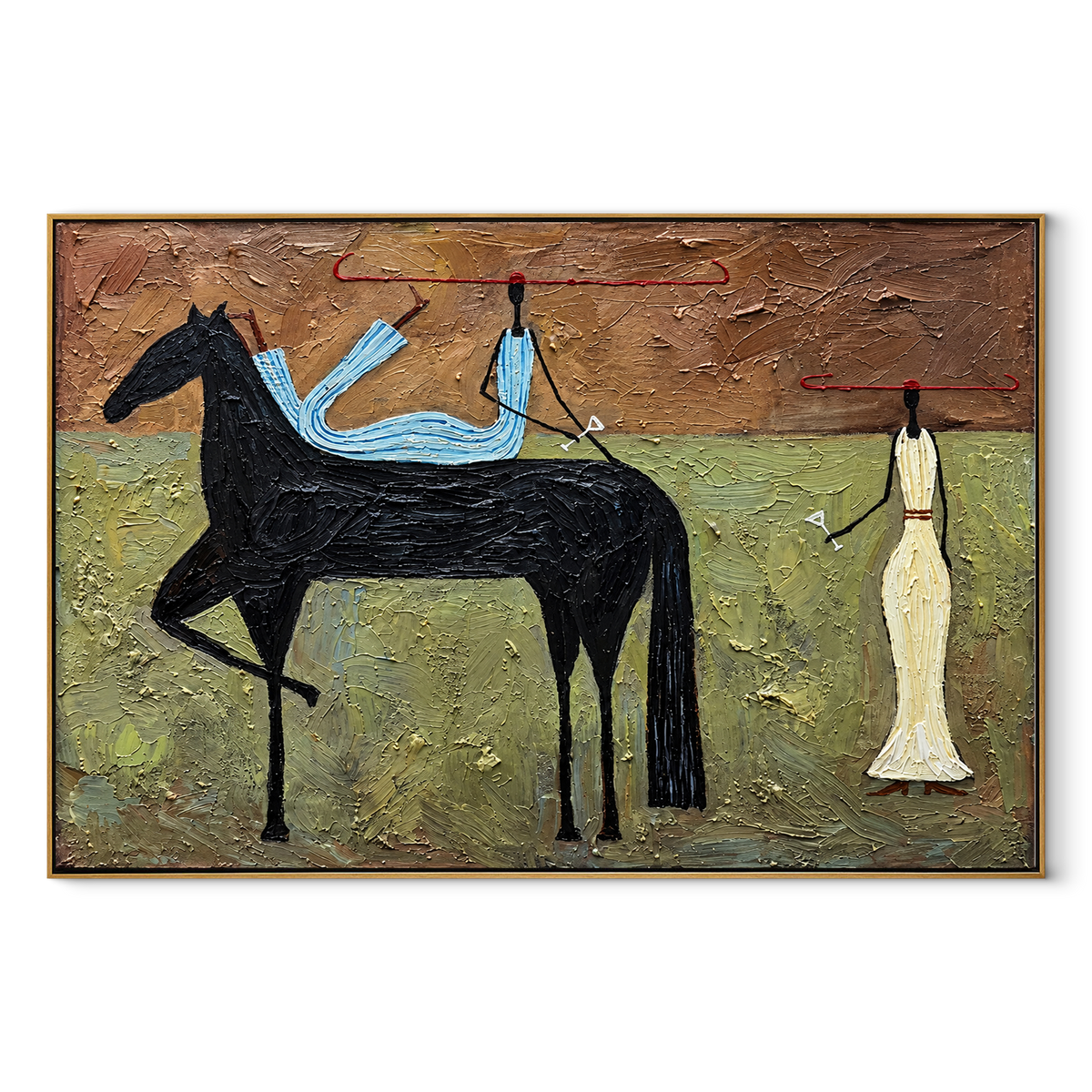 Blue Rider Across Terra - black horse rider painting in a wood frame on white