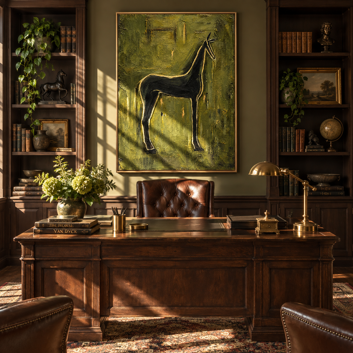Emerald Horse at Dusk - black horse painting shown in modern room setting 4