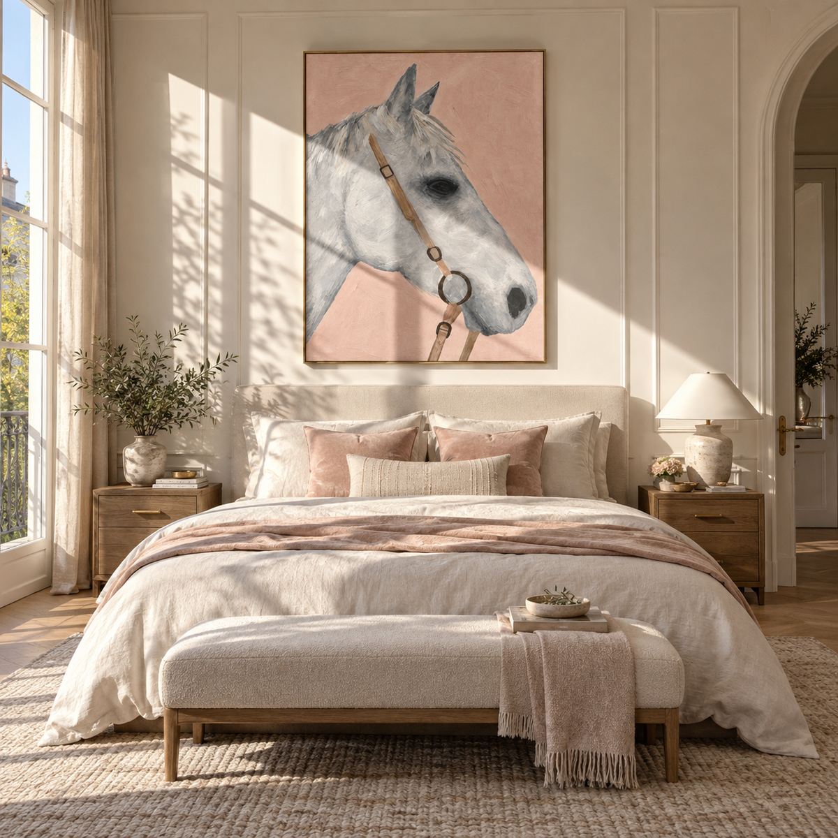 Blush Bridle Study - white horse portrait painting displayed in a styled interior