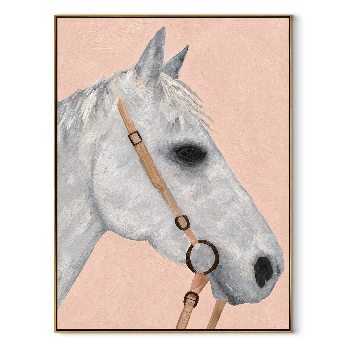 Blush Bridle Study - white horse portrait painting in a wood frame on white