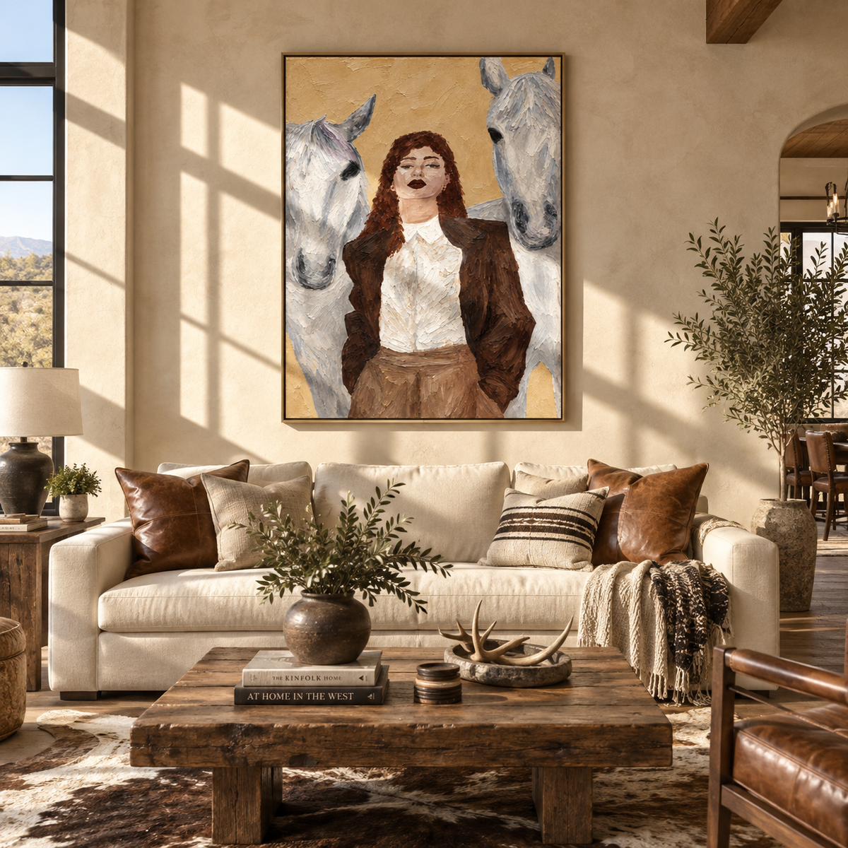Between Two Pale Horses - woman with white horses painting displayed in a styled interior