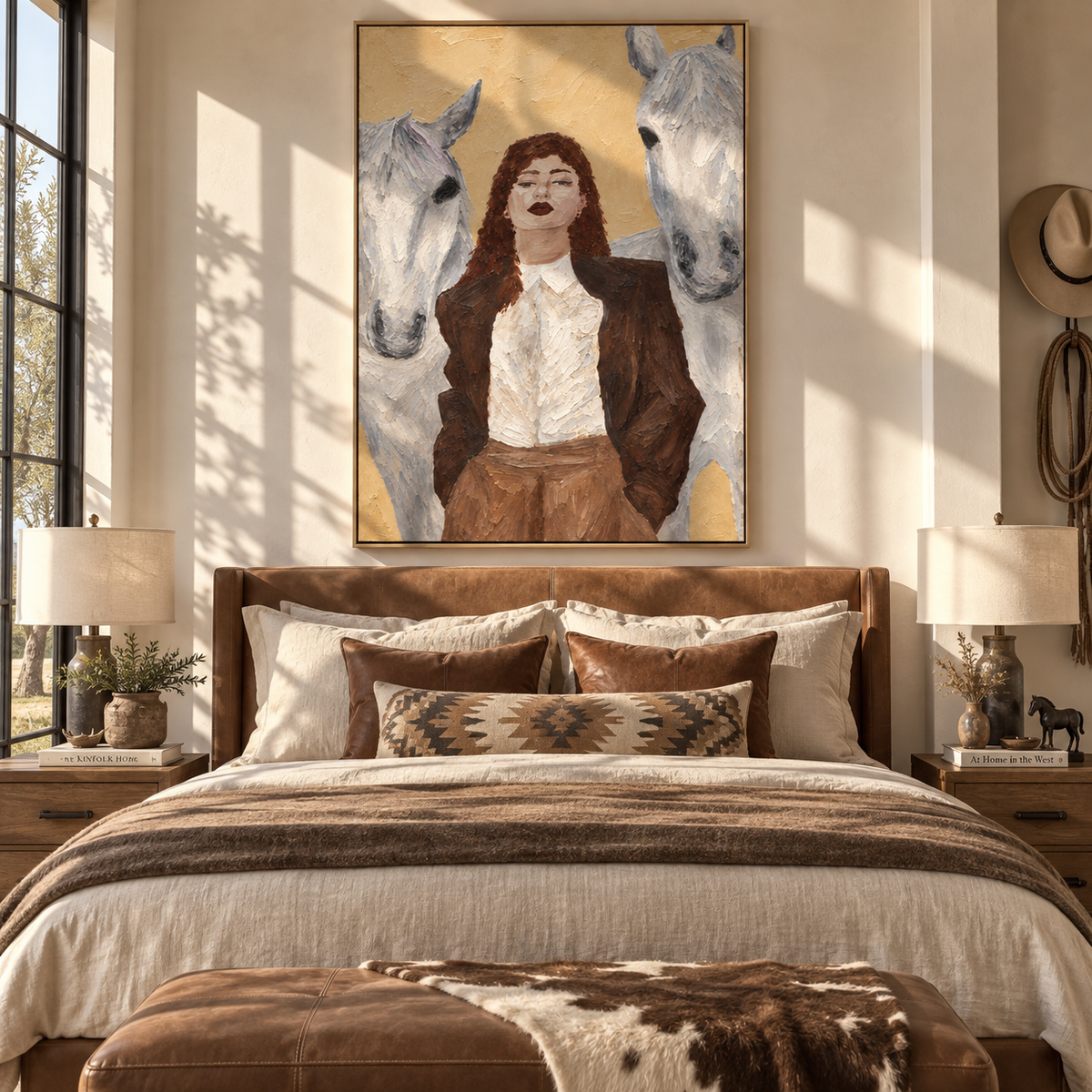 Between Two Pale Horses - woman with white horses painting shown in modern room setting 3