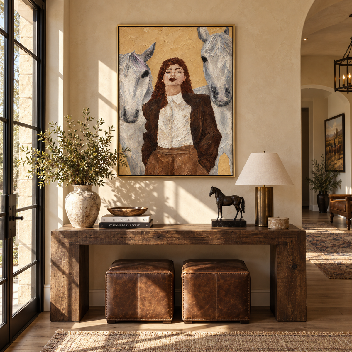 Between Two Pale Horses - woman with white horses painting shown in modern room setting 4