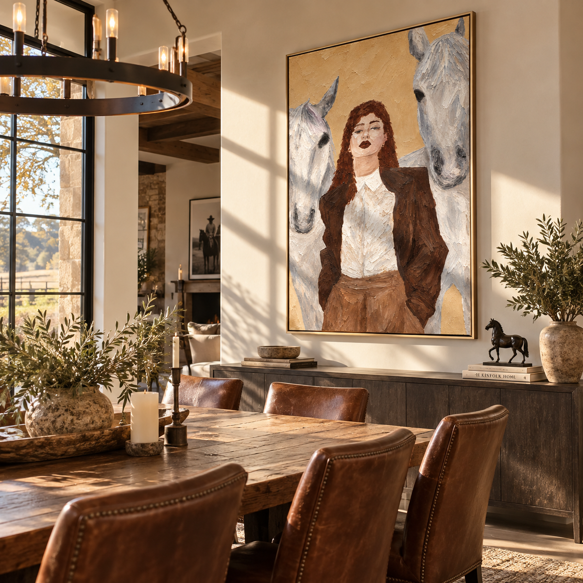 Between Two Pale Horses - woman with white horses painting shown in modern room setting 5