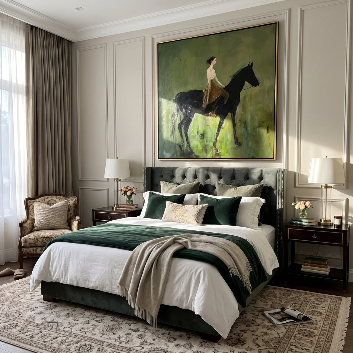 Resting Across the Green - woman resting on black horse painting shown in modern room setting 3