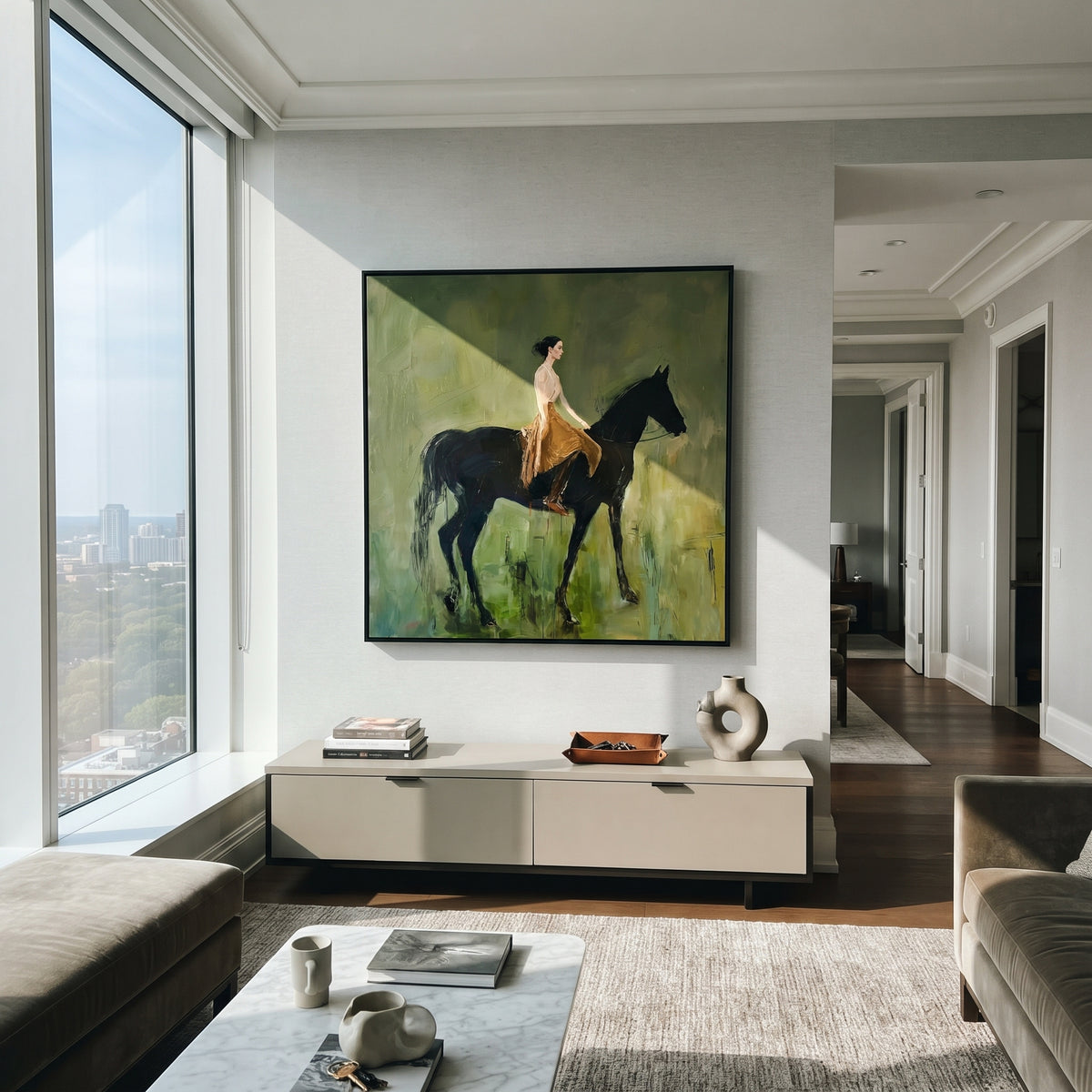 Resting Across the Green - woman resting on black horse painting shown in modern room setting 4