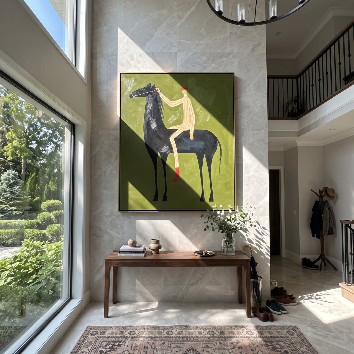 Rider Above the Olive Horse - tall black horse and rider painting displayed in a styled interior