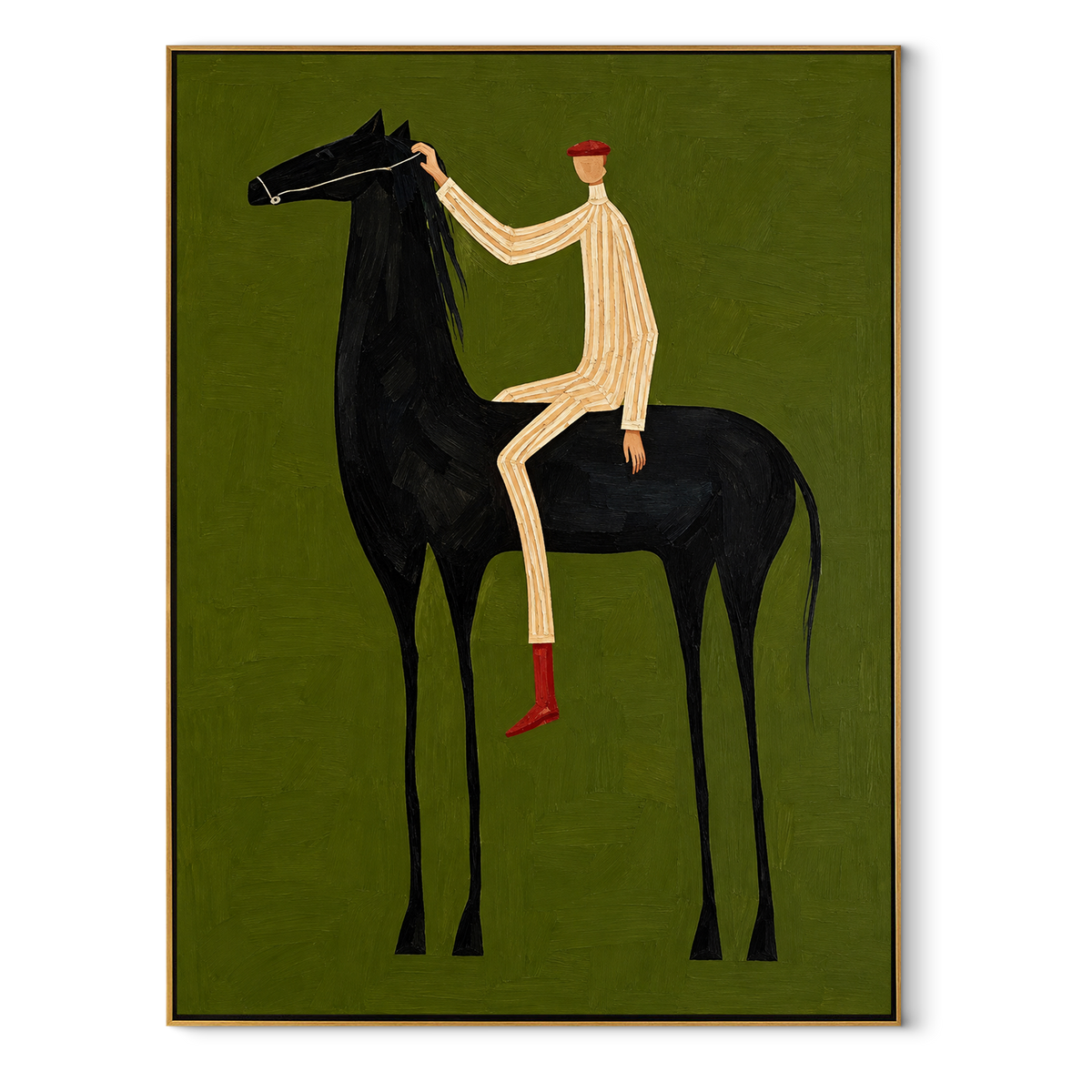 Rider Above the Olive Horse - tall black horse and rider painting in a wood frame on white