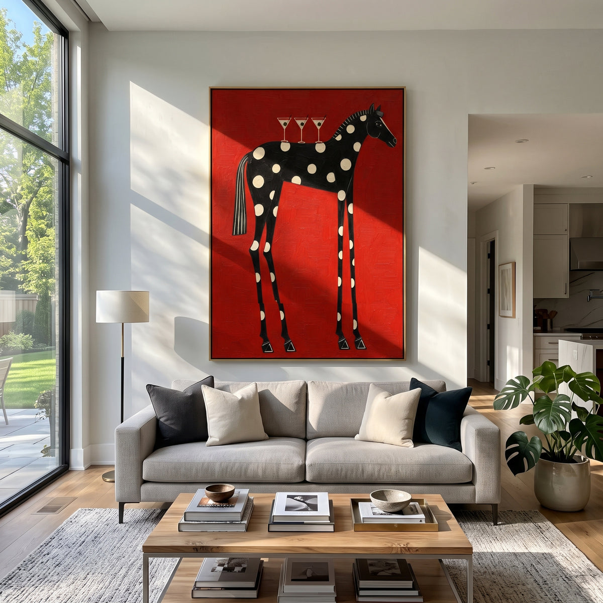 Martinis on the Spotted Horse - whimsical spotted horse painting displayed in a styled interior