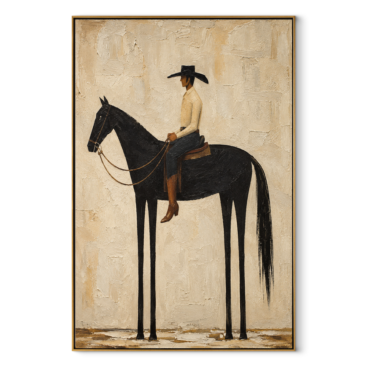 Tall Rider in Quiet Earth - minimalist horse and rider painting in a wood frame on white