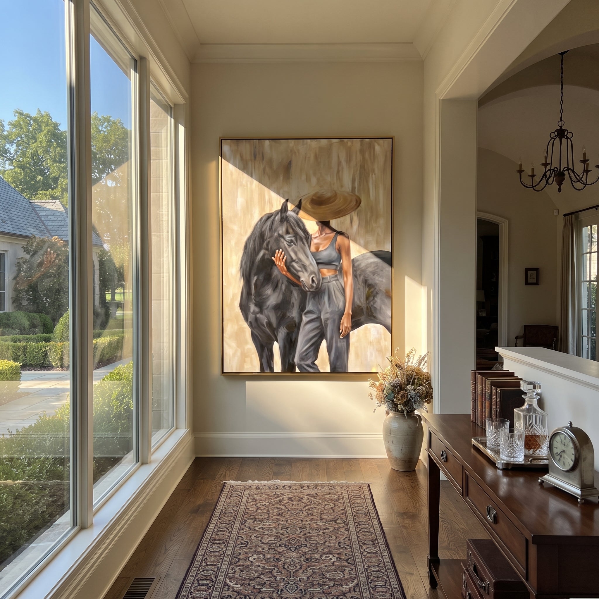 Rider Crosses Quiet Prairie displayed in a warm contemporary interior