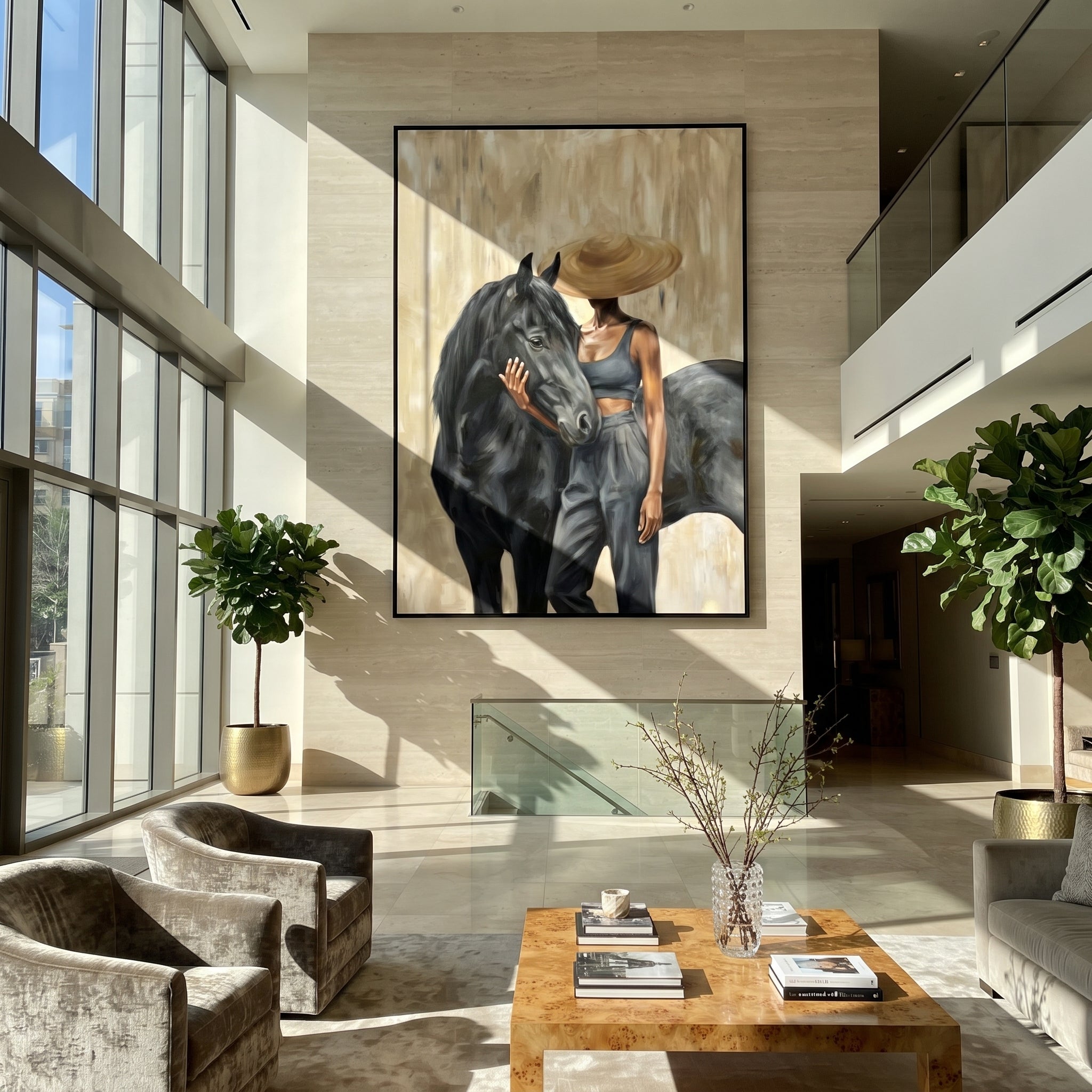 Rider Crosses Quiet Prairie displayed as a Retro Modern room focal point