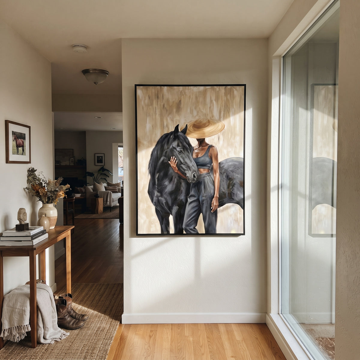 Rider Crosses Quiet Prairie styled in a layered residential interior