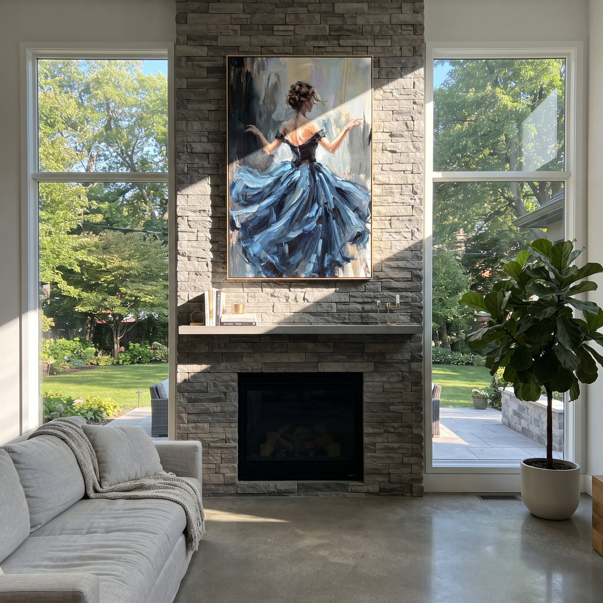 Blue Gown Finds Wind displayed in a warm contemporary interior