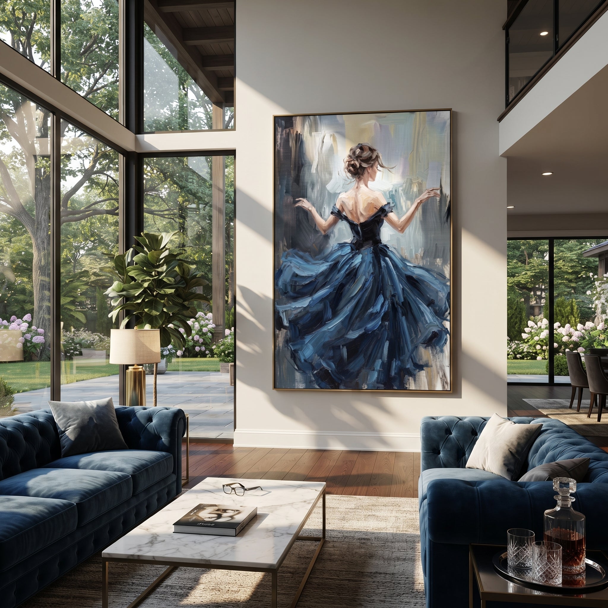 Blue Gown Finds Wind styled with neutral modern furnishings