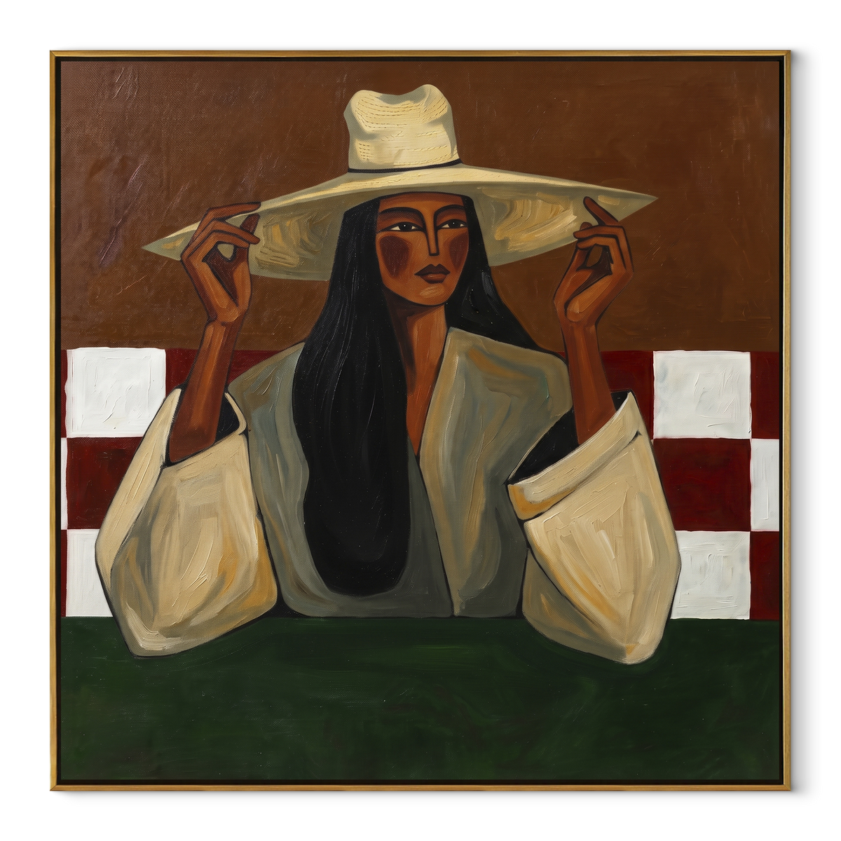 Checks Hold Green Afternoon textured figurative painting, square canvas artwork